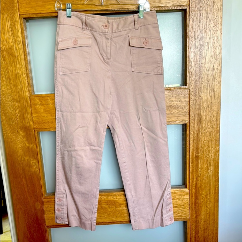 Pink Cropped stretch Loft Pants with Button Details @ Ankles